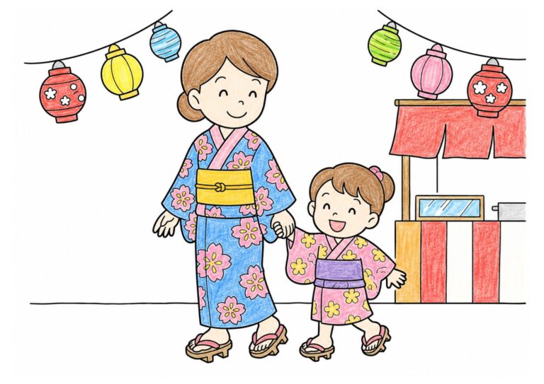浴衣で夏祭りの塗り絵イラスト