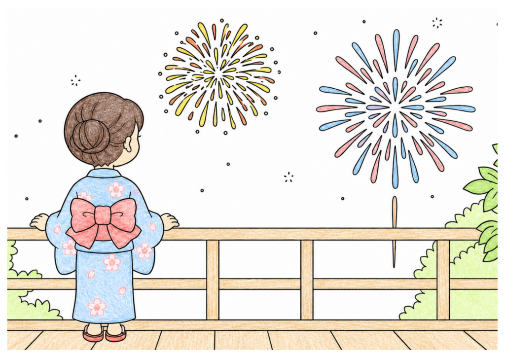 浴衣で打ち上げ花火を見る女性の塗り絵イラスト カラー見本（無料・印刷OK）