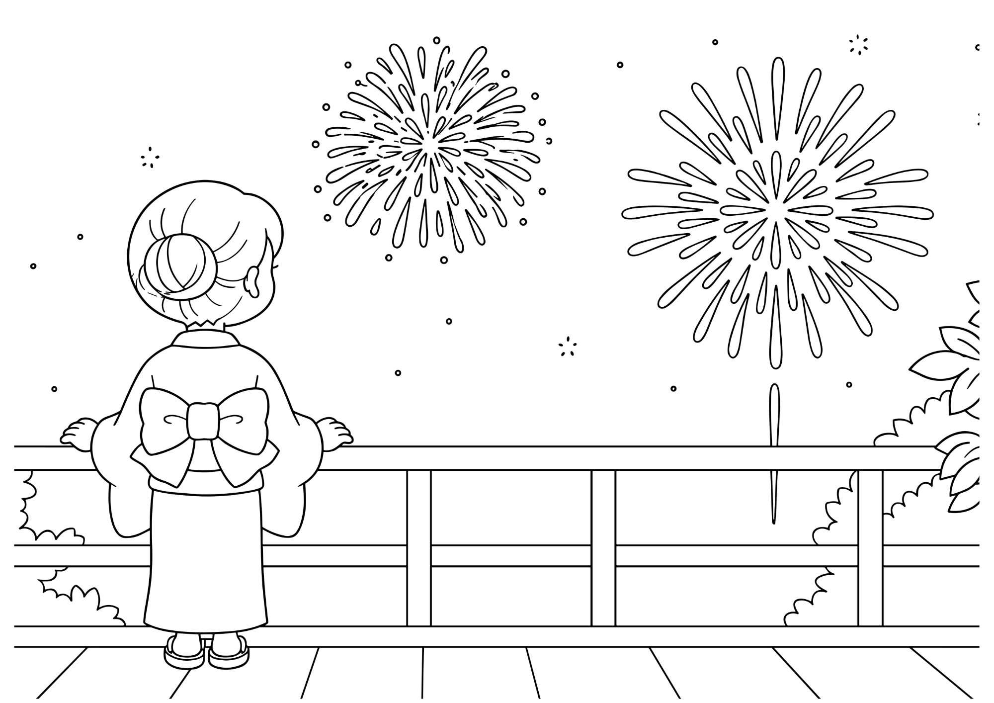 浴衣で打ち上げ花火を見る女性の塗り絵イラスト 白黒線画 印刷用(無料)
