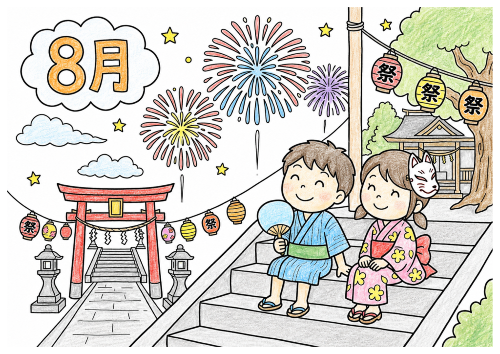 浴衣のカップルと打ち上げ花火の塗り絵イラスト カラー見本（無料・印刷OK）