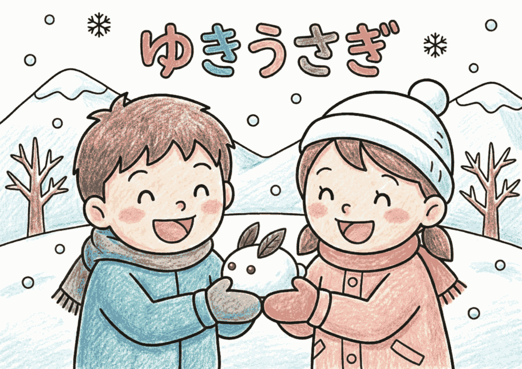 雪うさぎのぬりえイラスト｜無料ダウンロードできる子供・高齢者向け白黒フリー画像素材