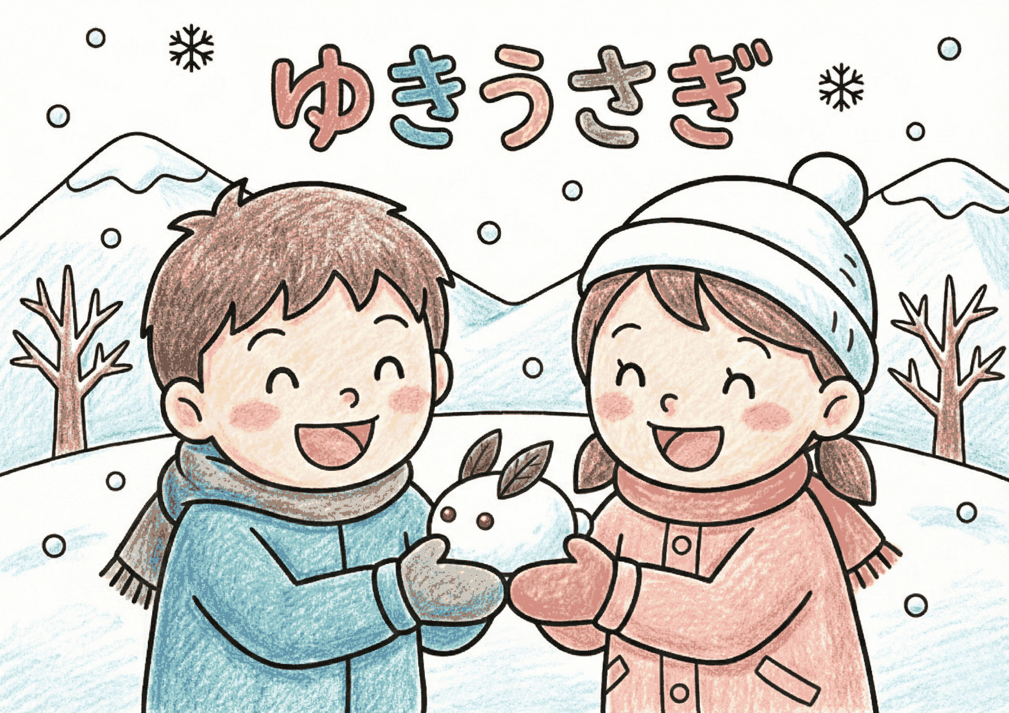 雪うさぎのぬりえイラスト｜無料ダウンロードできる子供・高齢者向け白黒フリー画像素材