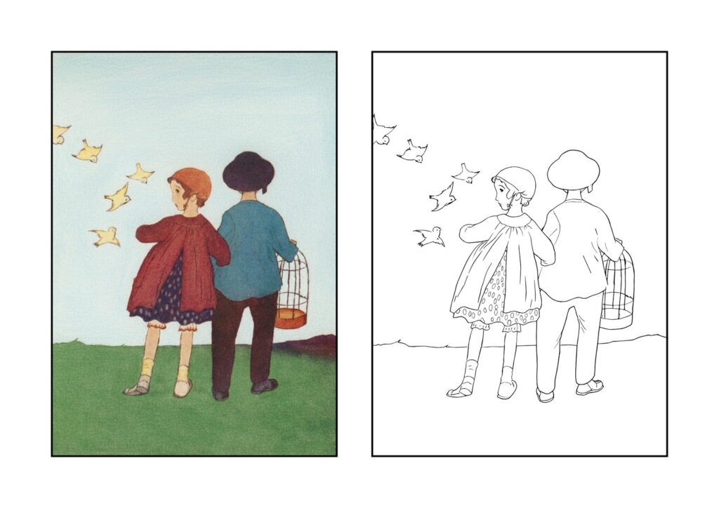 竹久夢二風の春の塗り絵イラスト カラー見本（無料・印刷OK）