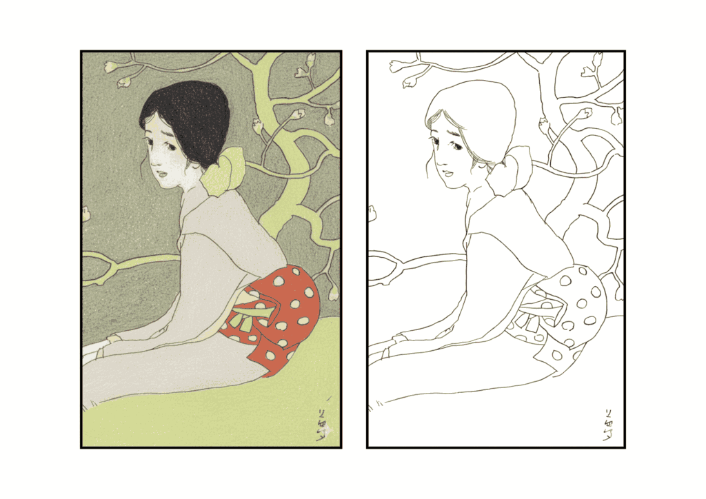 夢二の塗り絵イラスト｜高齢者向け｜やさしい色鉛筆風｜蕾｜大正ロマンを楽しむ無料ダウンロード