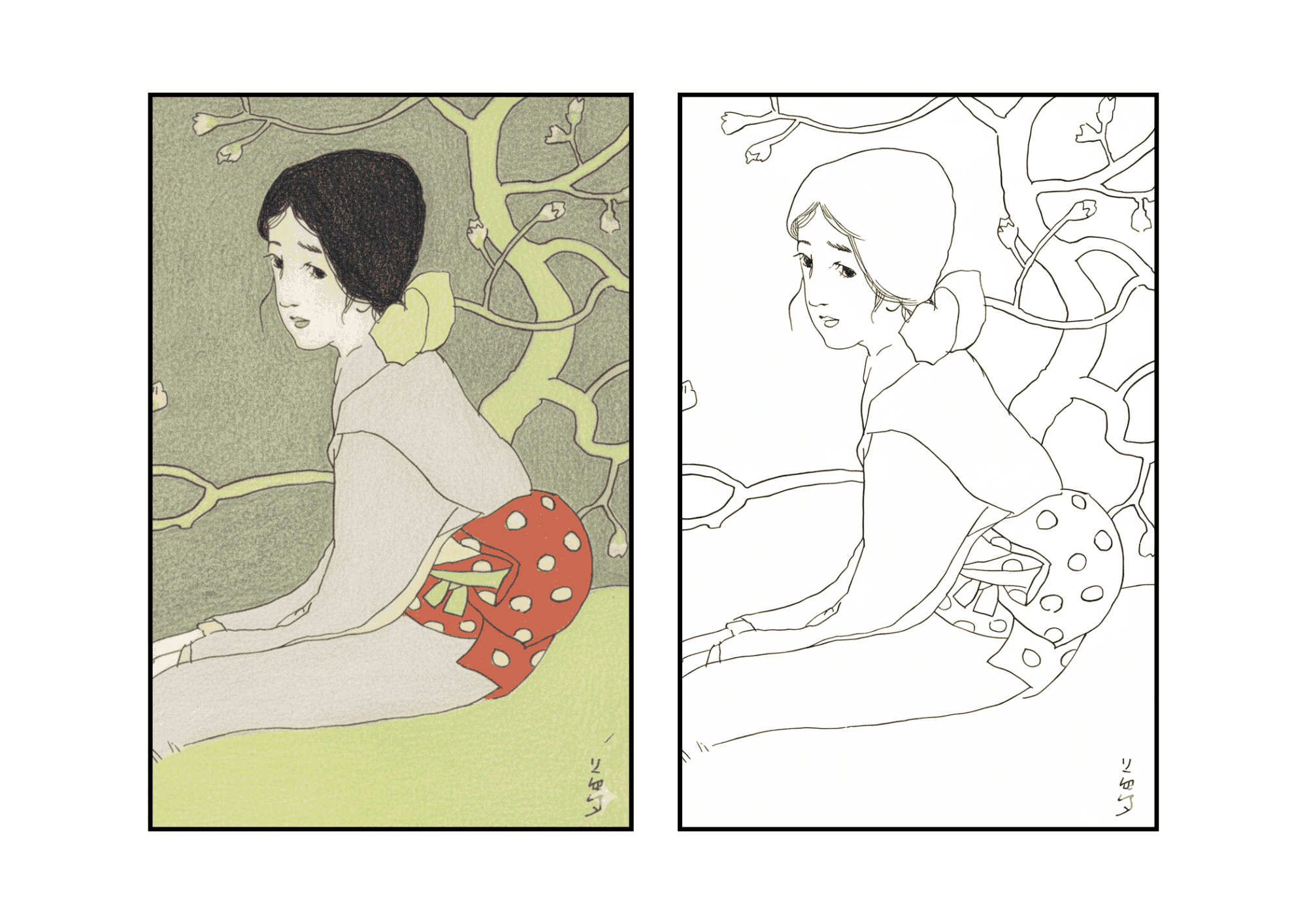 夢二の塗り絵イラスト|高齢者向け|やさしい色鉛筆風|蕾|大正ロマンを楽しむ無料ダウンロード