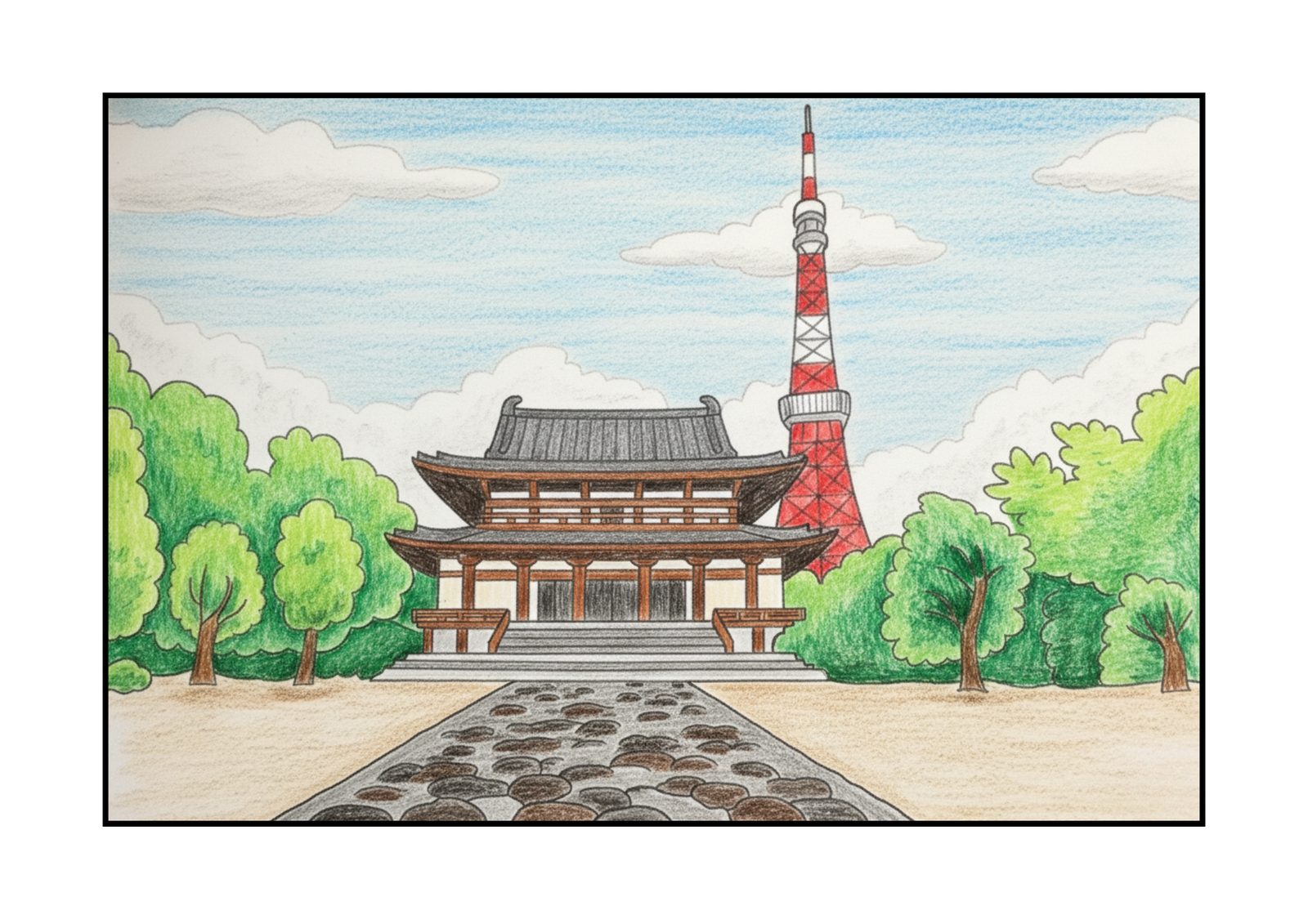 東京タワーと増上寺の塗り絵イラスト カラー見本(無料・印刷OK)
