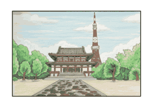 増上寺の無料ぬりえ｜高齢者向け｜懐かしい東京風景｜秋の風景シリーズ｜ダウンロード