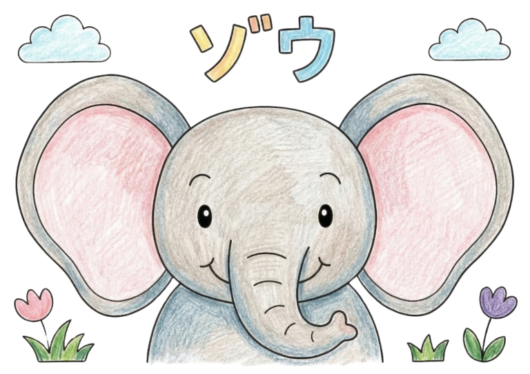 ゾウの塗り絵 カラー見本 大きな耳がかわいいぞう お花