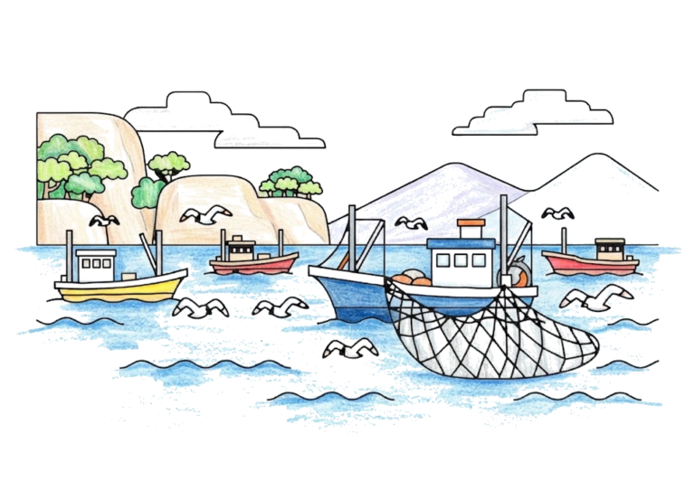 漁港の風景の塗り絵