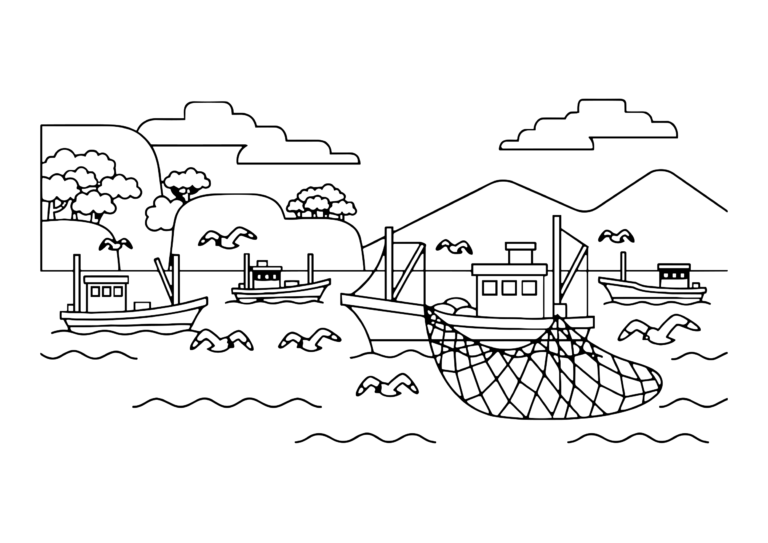 秋の漁港の塗り絵(白黒線画)