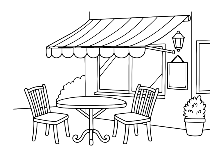 カフェのテラス席の塗り絵(白黒線画)