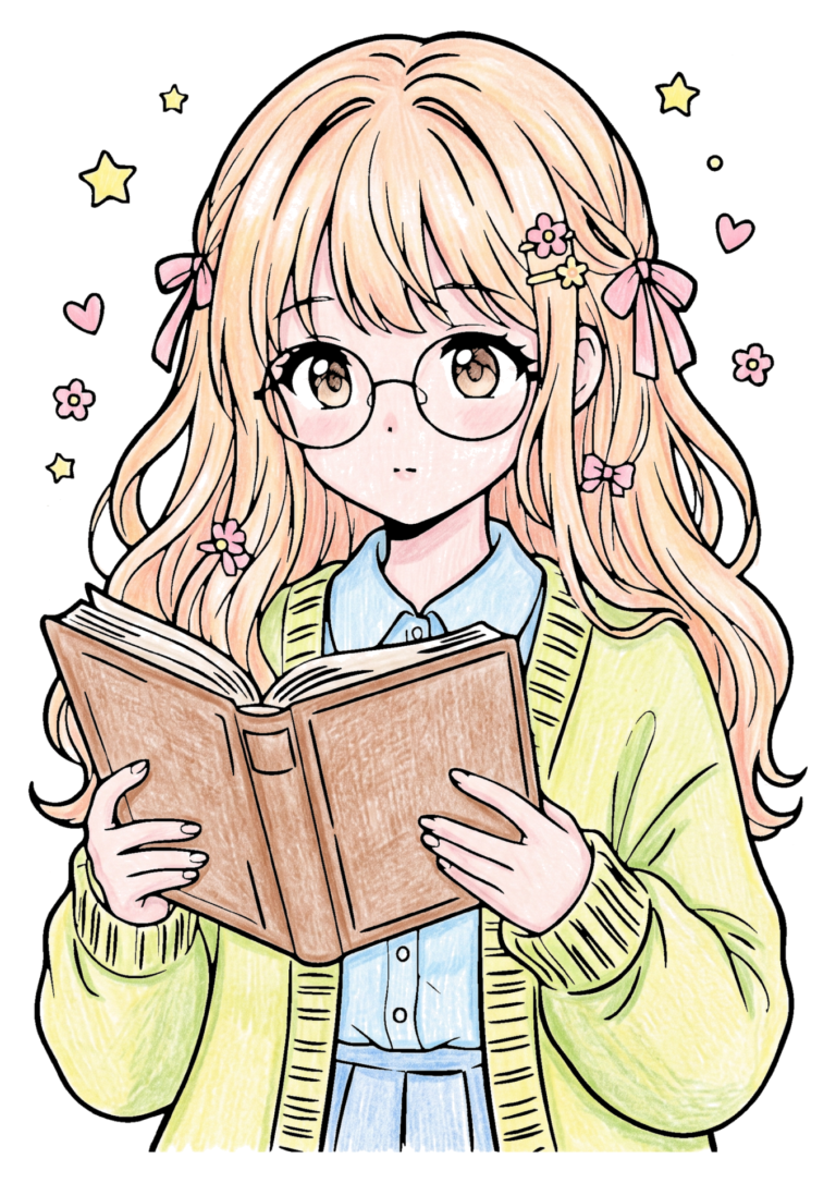 本を読む女の子の塗り絵 メガネとカーディガン(カラー見本)