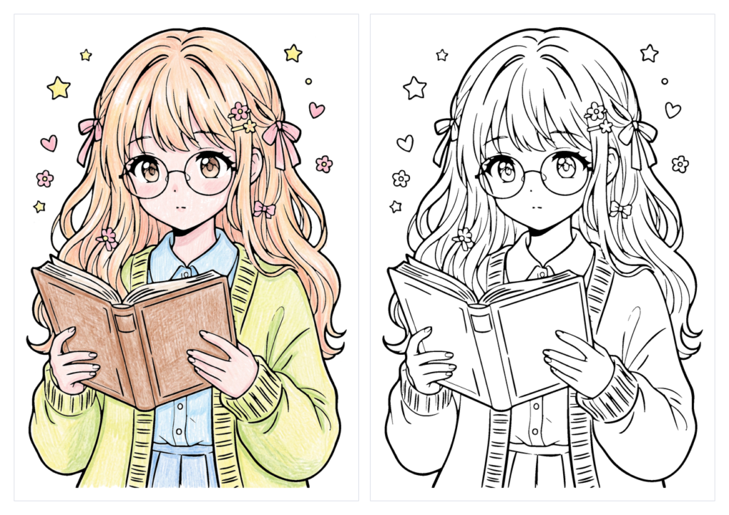 本を読む女の子の塗り絵｜読書の秋・メガネ 無料ダウンロード（カラー見本と白黒線画）