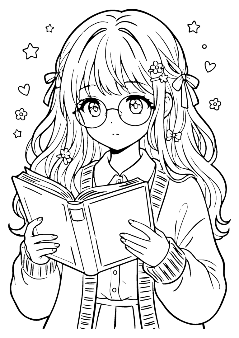 本を読む女の子の塗り絵 メガネとカーディガン(白黒線画)