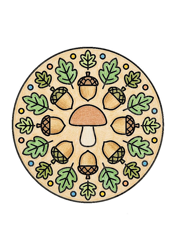 きのことどんぐりの曼荼羅ぬりえのカラー見本