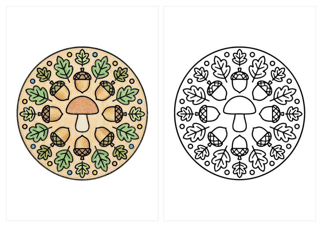 きのことどんぐりの曼荼羅の塗り絵(カラー見本と白黒線画)