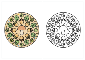 きのことどんぐりの曼荼羅の塗り絵（カラー見本と白黒線画）