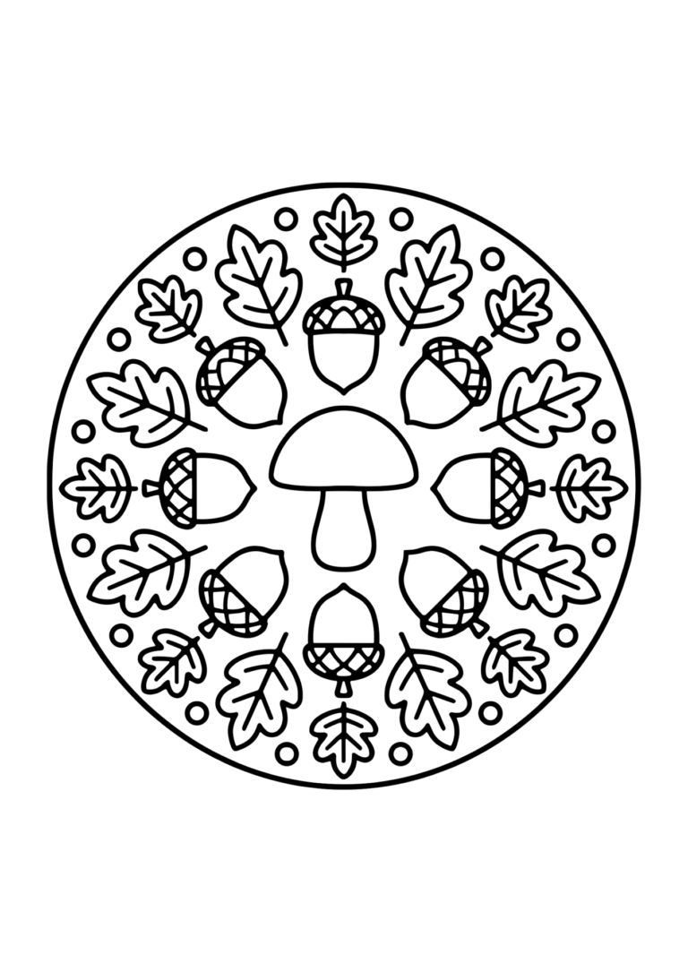 きのことどんぐりの曼荼羅ぬりえ(白黒線画)