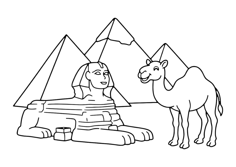 ピラミッドとスフィンクスの塗り絵の白黒線画(大人・高齢者)