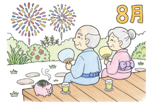 縁側で打ち上げ花火を見る老夫婦の塗り絵イラスト｜高齢者向け 無料ダウンロード・印刷OK（カラー見本と白黒線画）
