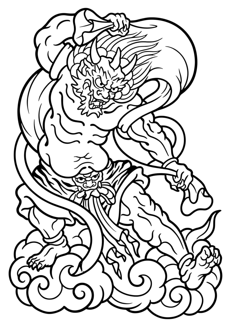 風神の塗り絵（白黒線画）