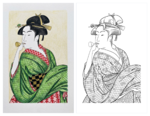 婦女人相十品・ポッピンを吹く女の塗り絵イラストのカラー見本と線画