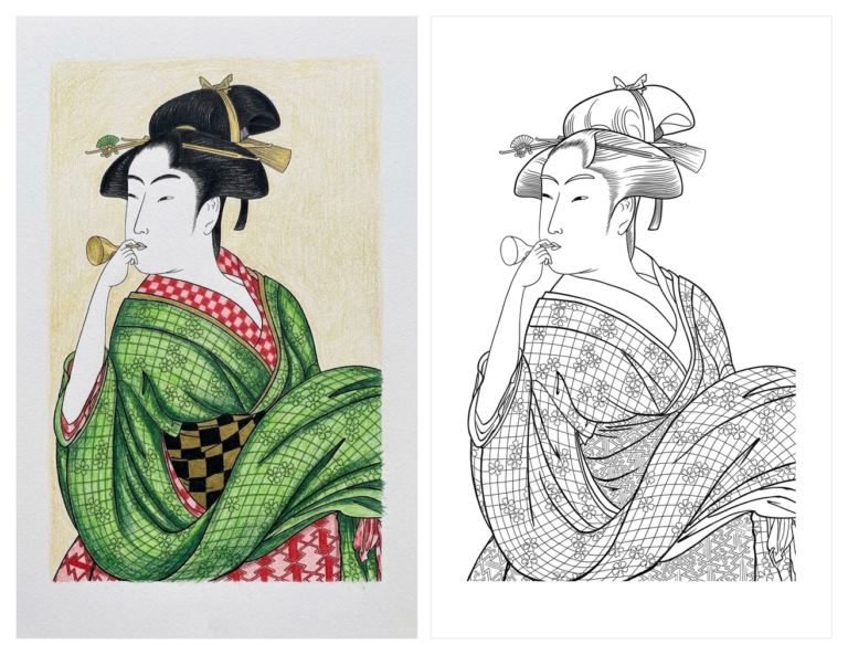 婦女人相十品・ポッピンを吹く女の塗り絵イラスト