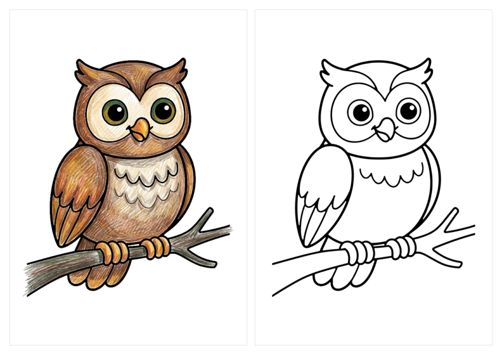 かわいいフクロウの塗り絵（カラー見本と白黒線画）
