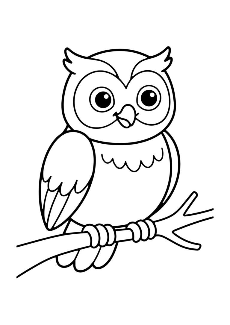 かわいいフクロウの塗り絵（白黒線画）