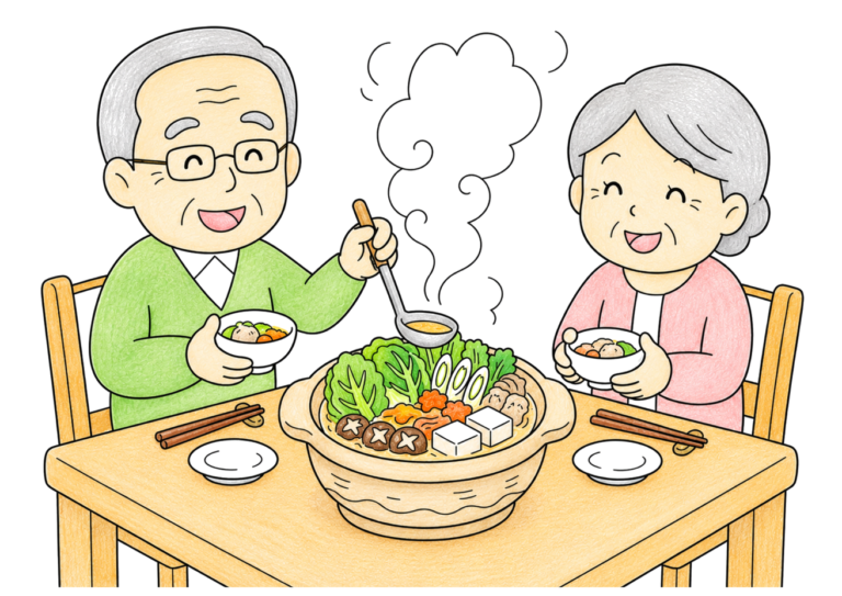 お鍋を食べる老夫婦の塗り絵