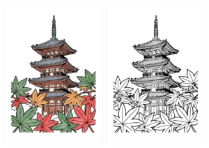 もみじと五重塔の塗り絵(カラー見本と白黒線画)