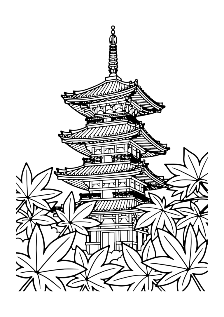 もみじと五重塔の塗り絵（白黒線画）