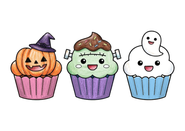 ハロウィンのカップケーキの塗り絵