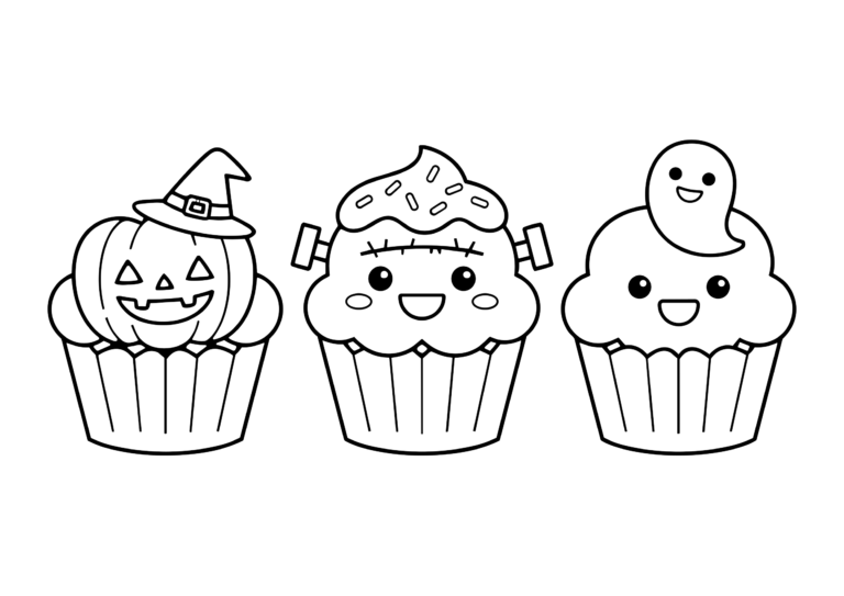 ハロウィンのカップケーキの塗り絵(白黒線画)