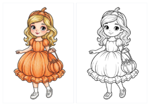 かぼちゃのプリンセスの塗り絵（カラー見本と白黒線画）