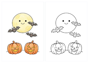 満月とコウモリの塗り絵(カラー見本と白黒線画)