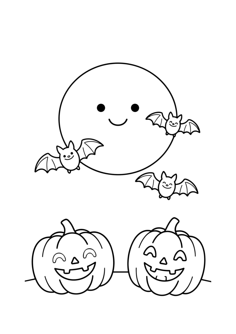 満月とコウモリの塗り絵（白黒線画）