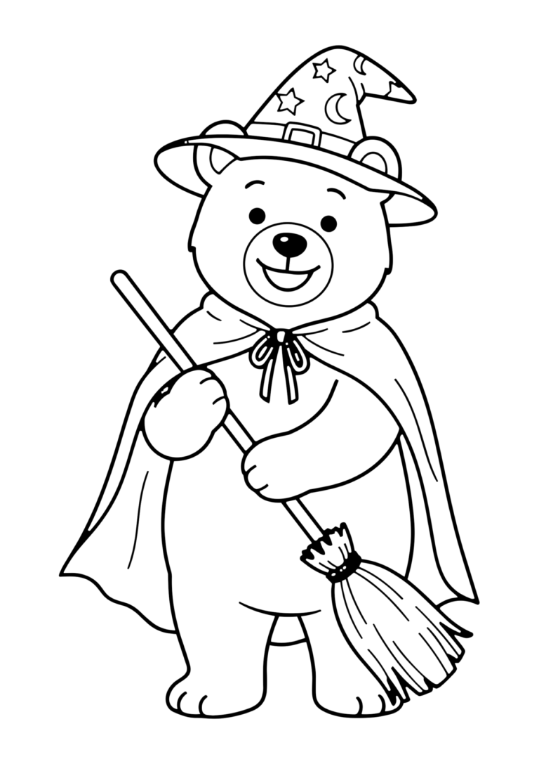 魔女に仮装したくまの塗り絵(白黒線画)