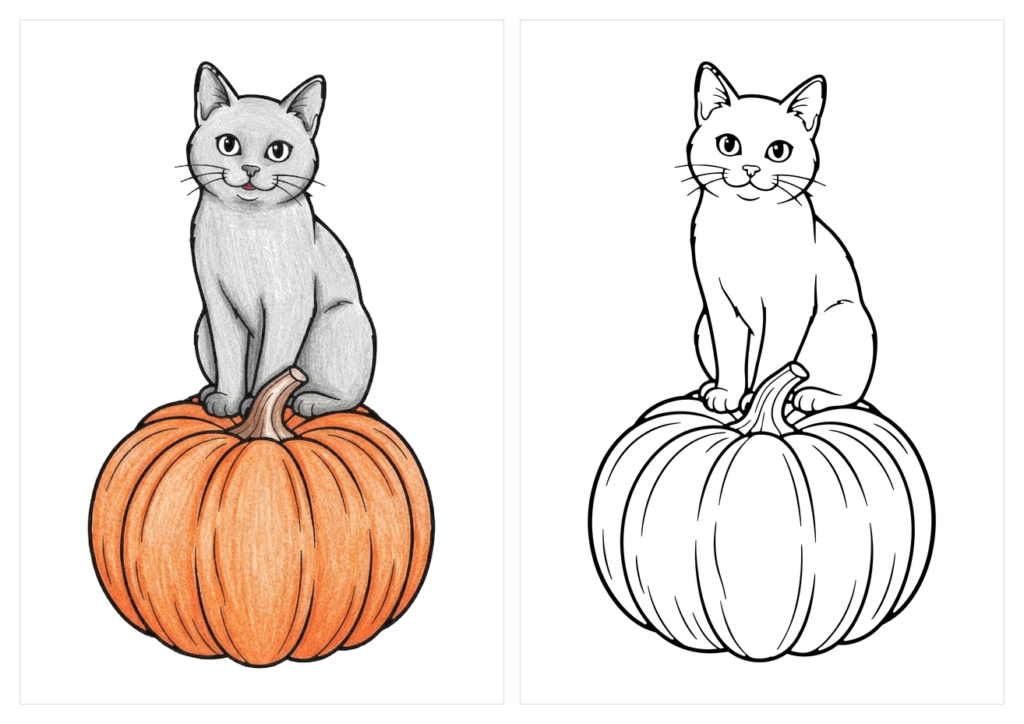 かぼちゃと黒猫の塗り絵（カラー見本と白黒線画）
