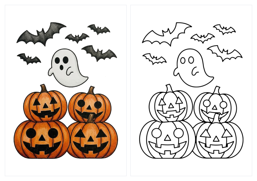 ハロウィンのおばけとかぼちゃの塗り絵（カラー見本と白黒線画）