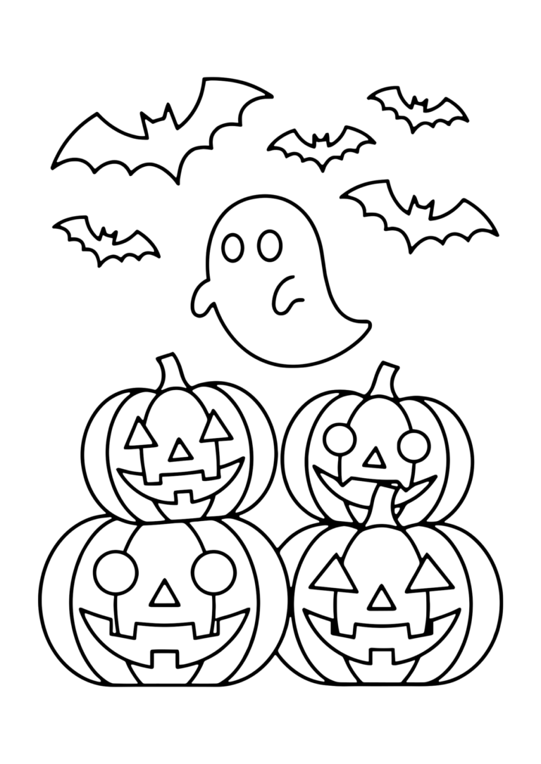 ハロウィンのおばけとかぼちゃの塗り絵(白黒線画)