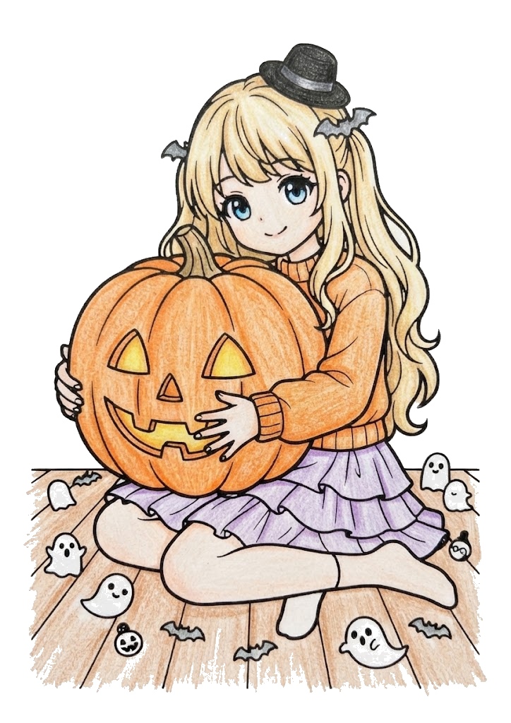 かぼちゃを抱く女の子の塗り絵のカラー見本