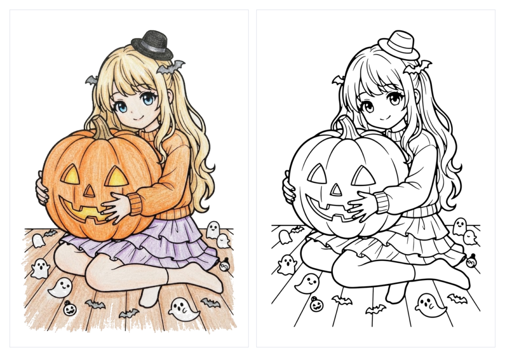 かぼちゃを抱く女の子の塗り絵（カラー見本と白黒線画）