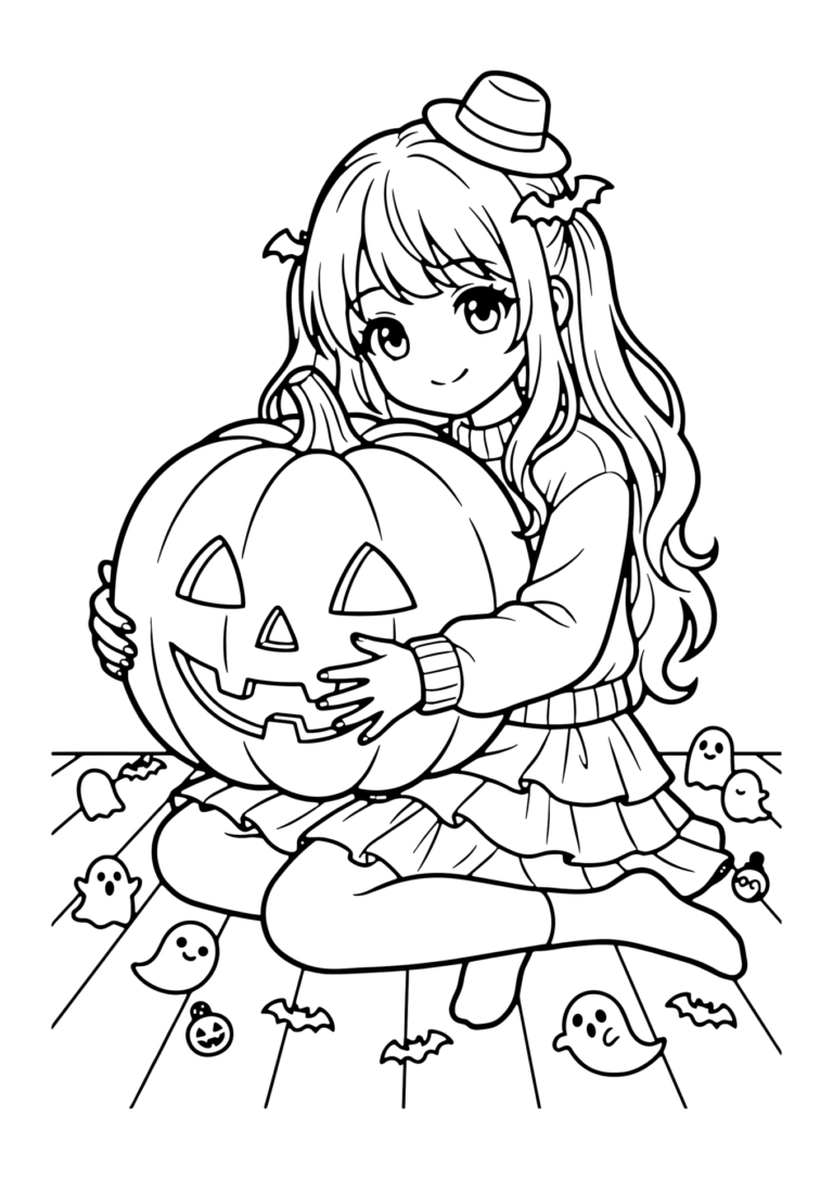 かぼちゃを抱く女の子の塗り絵(白黒線画)