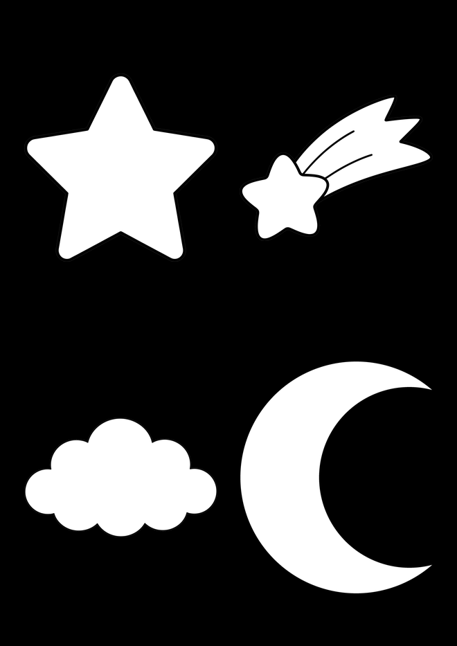 はみ出さないぬりえの見本|黒い紙に星・流れ星・雲・三日月が白くぬき出されたA4