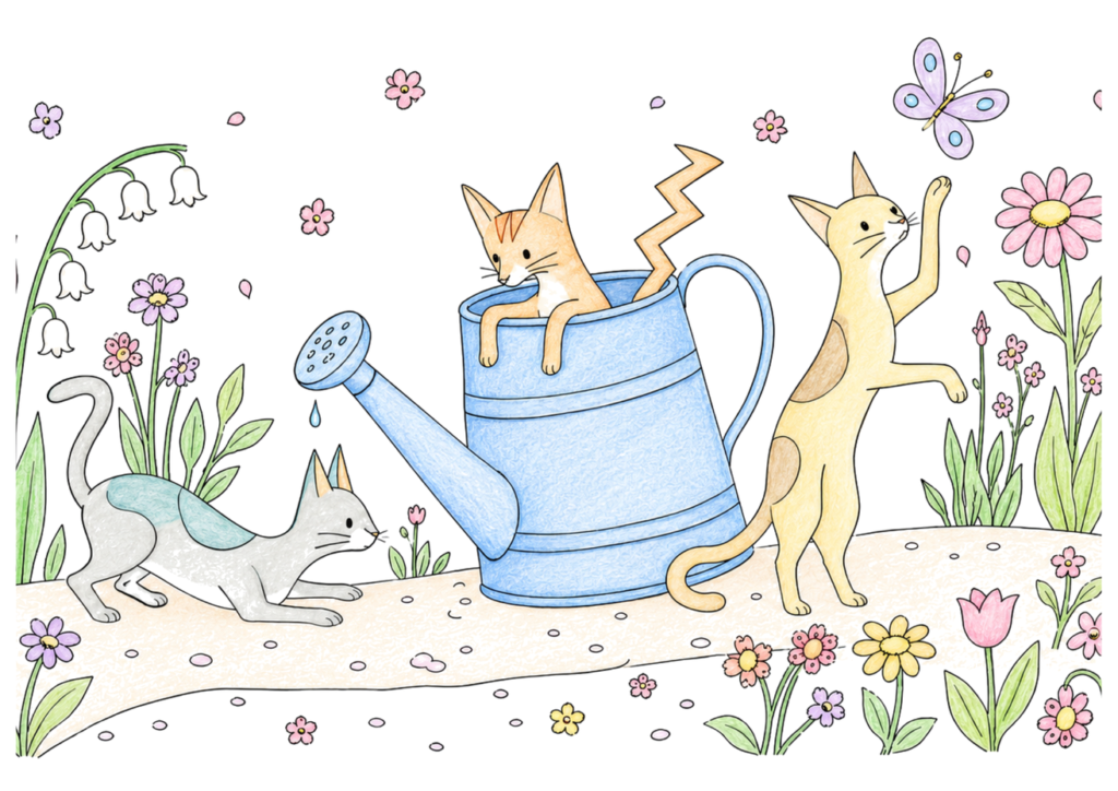 花畑の猫たちの塗り絵イラスト｜高齢者向け 無料ダウンロード・印刷OK（カラー見本と白黒線画）
