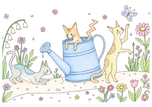 花畑の猫たちの塗り絵イラスト|高齢者向け 無料ダウンロード・印刷OK(カラー見本と白黒線画)