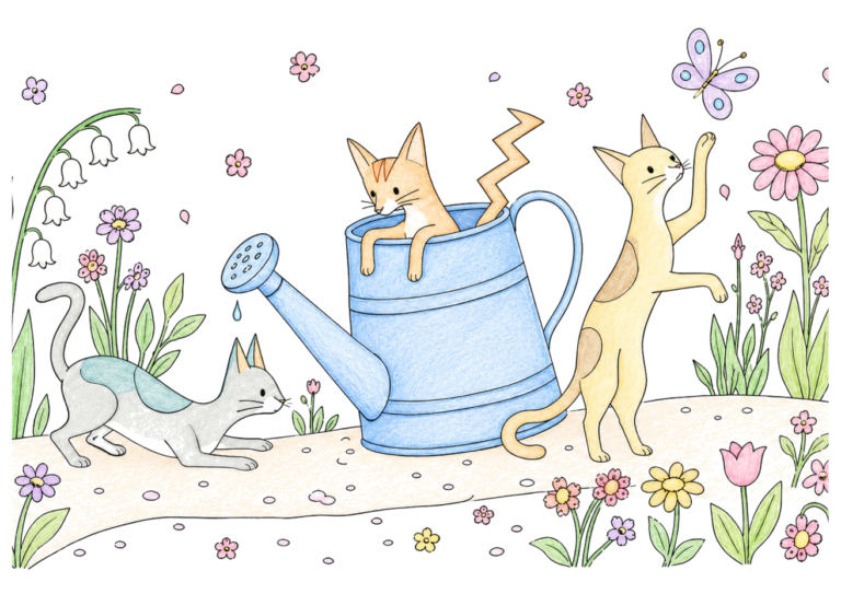 花畑の猫たちの塗り絵イラスト