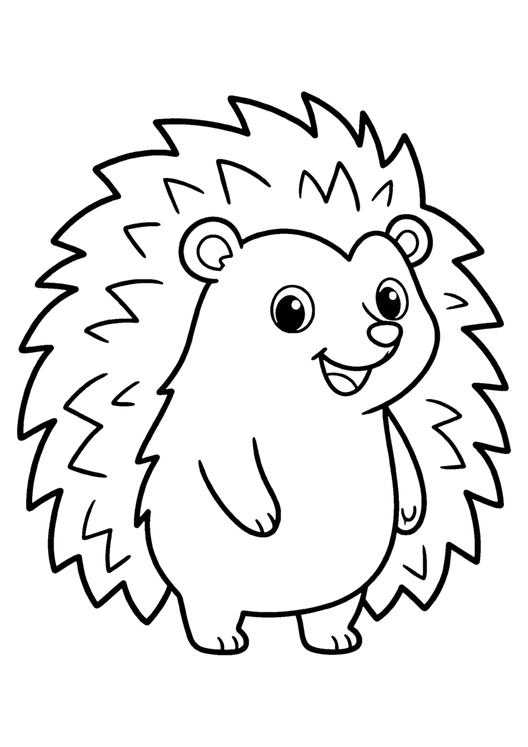 はりねずみの塗り絵 まるい体で笑うハリネズミ（白黒線画）