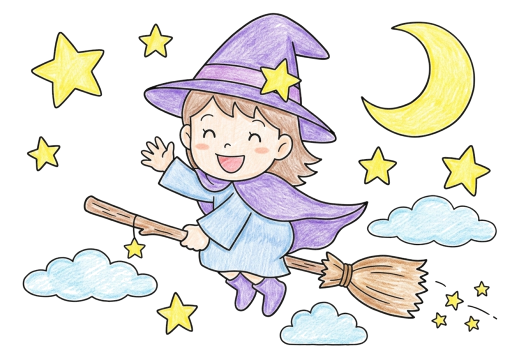 ほうきで飛ぶハロウィンの魔女の塗り絵イラスト|子供向け 無料ダウンロード・印刷OK(カラー見本と白黒線画)